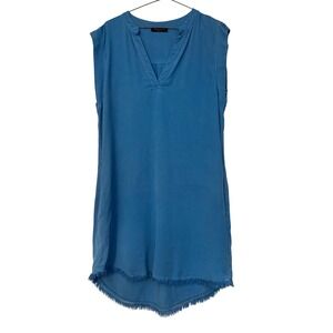 Maven West Blue Tencel Rayon Fringe Hem Sleeveless Shift Dress Womens Small